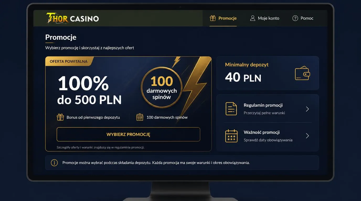 Panel bonusu powitalnego 100% do 500 PLN i 100 darmowych spinów z minimalnym depozytem 40 PLN