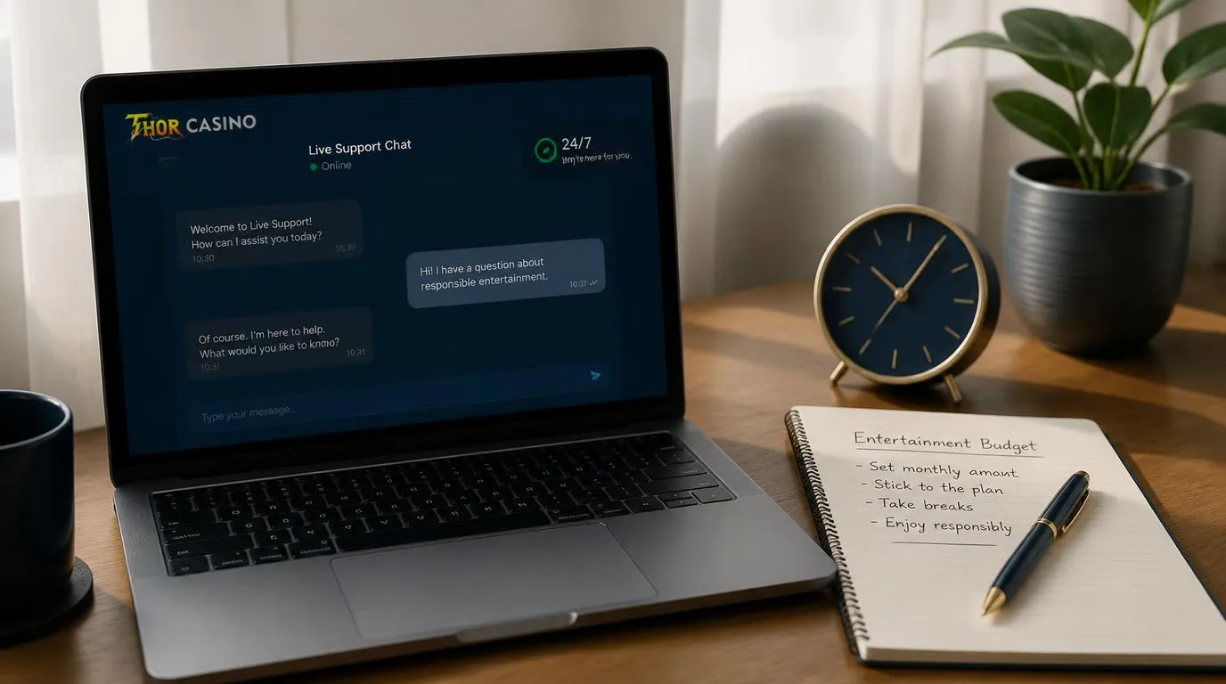 Laptop z oknem czatu dostępnym 24/7 oraz notes z zapisanym budżetem na rozrywkę